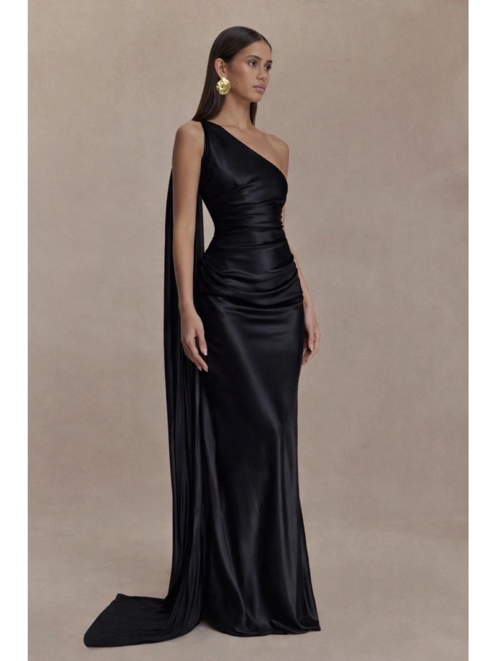 BCBGMaxAzria Black One-Shoulder Satin Gown